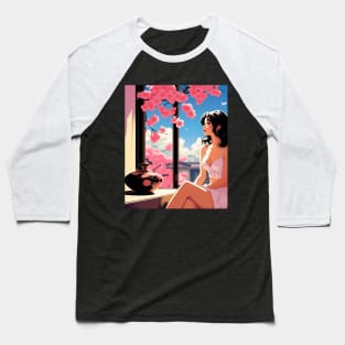 Japanese Girl And Cherry Blossom - Anime Drawing Baseball T-Shirt